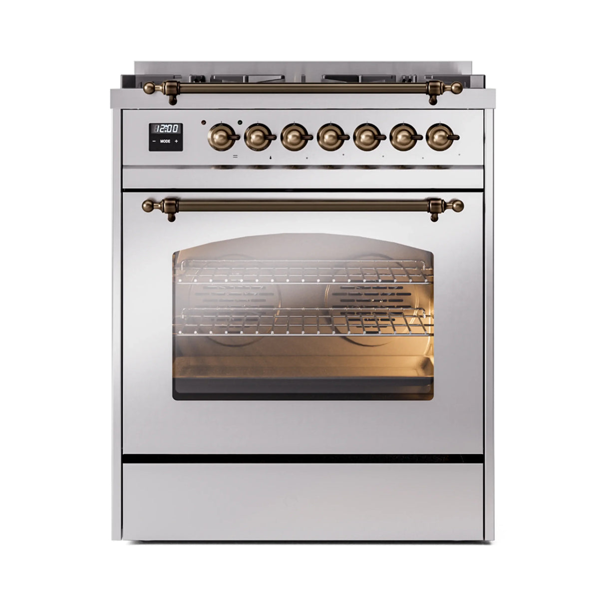 ILVE Nostalgie II 30-Inch Freestanding Natural Gas Dual Fuel Range in Stainless Steel with Bronze Trim (UP30NMPSSB)