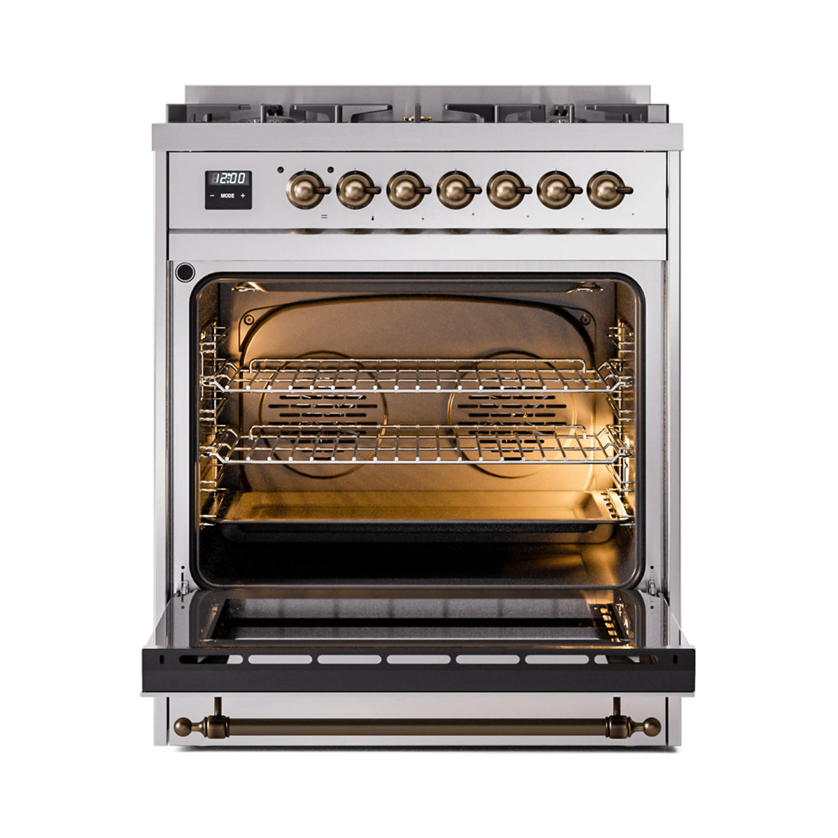ILVE Nostalgie II 30-Inch Freestanding Natural Gas Dual Fuel Range in Stainless Steel with Bronze Trim (UP30NMPSSB)