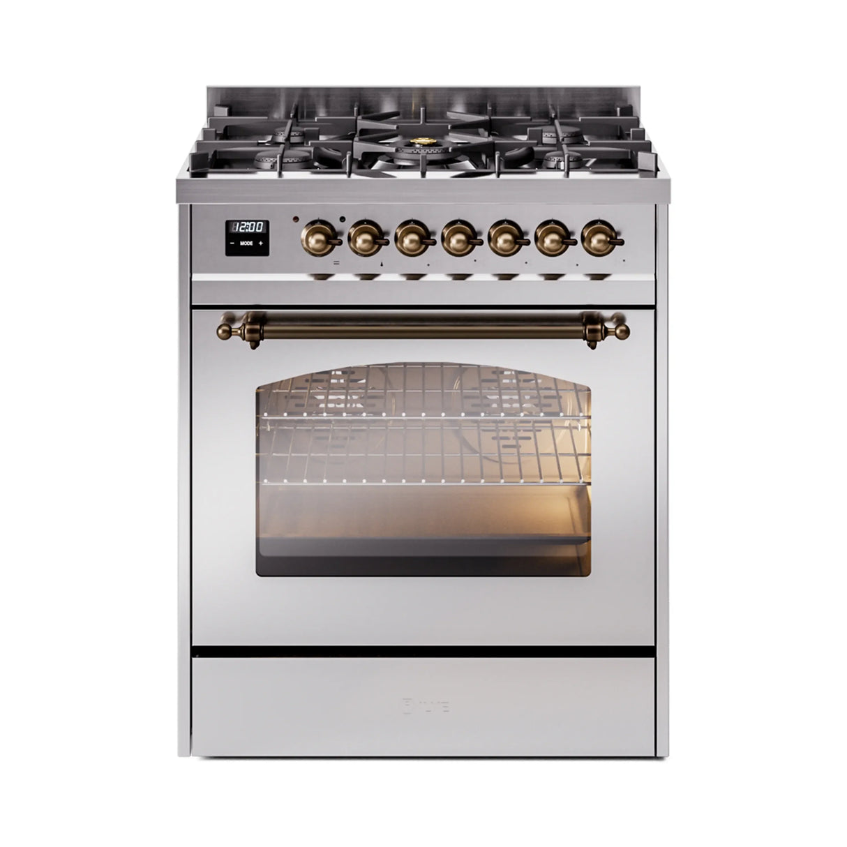 ILVE Nostalgie II 30-Inch Freestanding Natural Gas Dual Fuel Range in Stainless Steel with Bronze Trim (UP30NMPSSB)