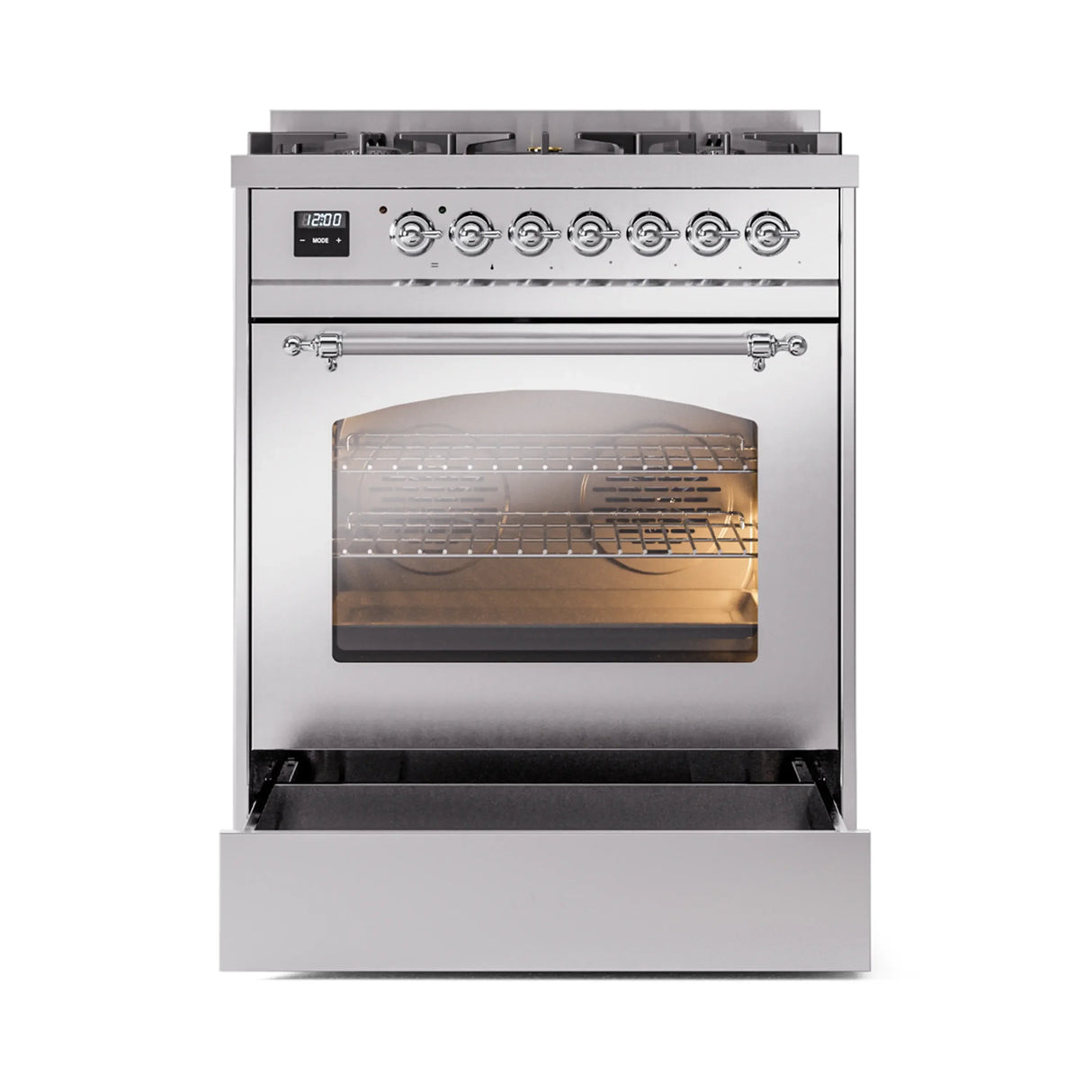 ILVE Nostalgie II 30-Inch Freestanding Natural Gas Dual Fuel Range in Stainless Steel with Chrome Trim (UP30NMPSSC)