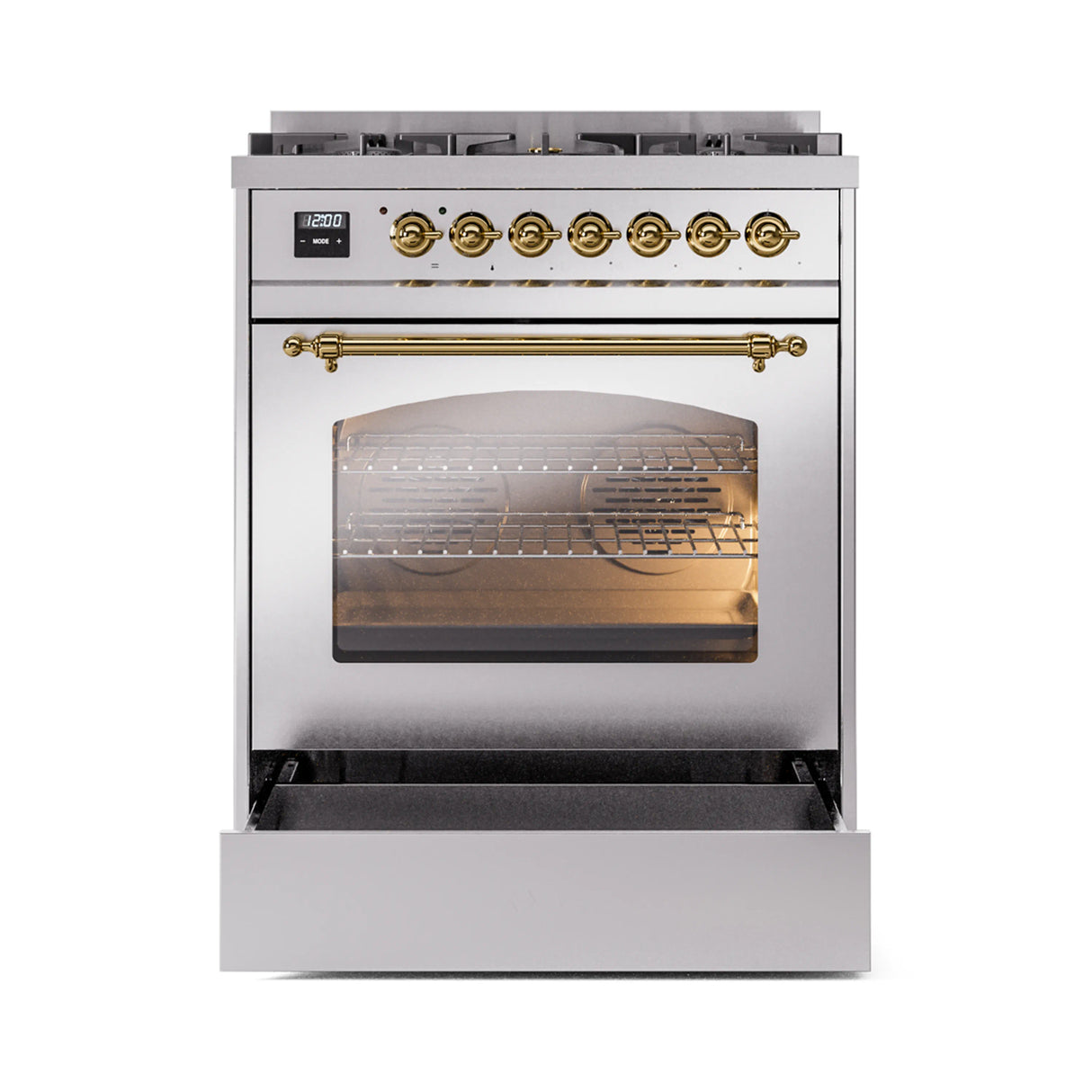 ILVE Nostalgie II 30-Inch Freestanding Natural Gas Dual Fuel Range in Stainless Steel with Brass Trim (UP30NMPSSG)