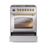 ILVE Nostalgie II 30-Inch Freestanding Natural Gas Dual Fuel Range in Stainless Steel with Brass Trim (UP30NMPSSG)