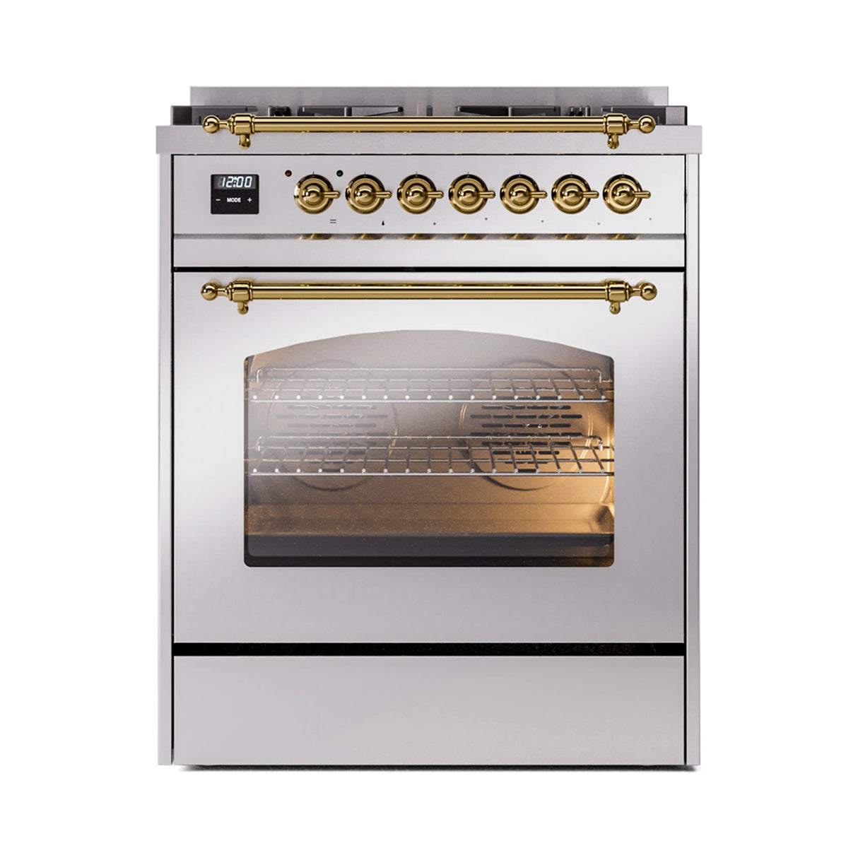 ILVE Nostalgie II 30-Inch Freestanding Natural Gas Dual Fuel Range in Stainless Steel with Brass Trim (UP30NMPSSG)