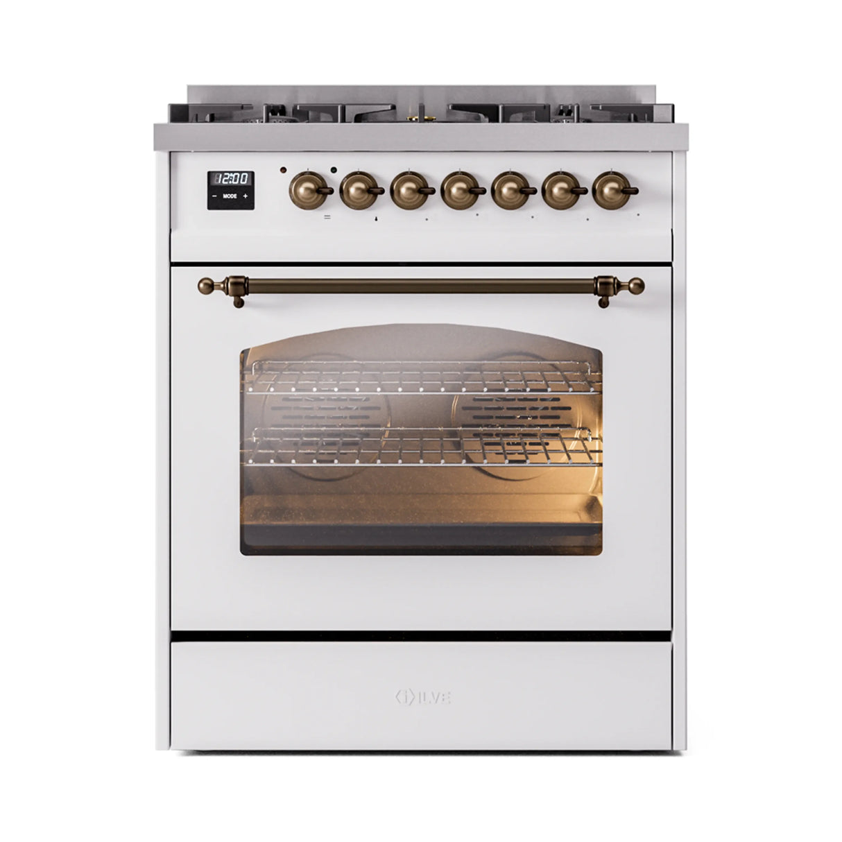 ILVE Nostalgie II 30-Inch Dual Fuel Freestanding Range in White with Bronze Trim (UP30NMPWHBLP)