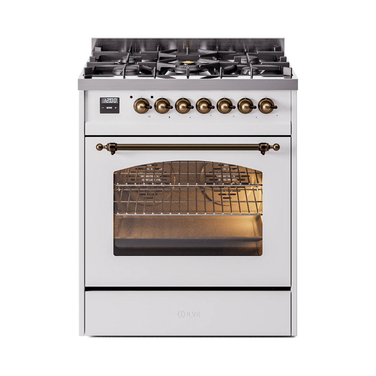ILVE Nostalgie II 30-Inch Dual Fuel Freestanding Range in White with Bronze Trim (UP30NMPWHBLP)