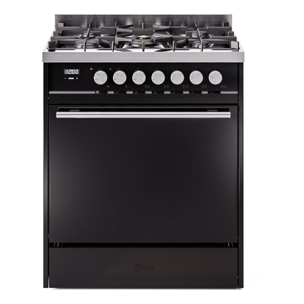 ILVE Professional Plus II 30-Inch Natural Gas Dual Fuel Range with Solid Door in Glossy Black (UP30QMPBK)