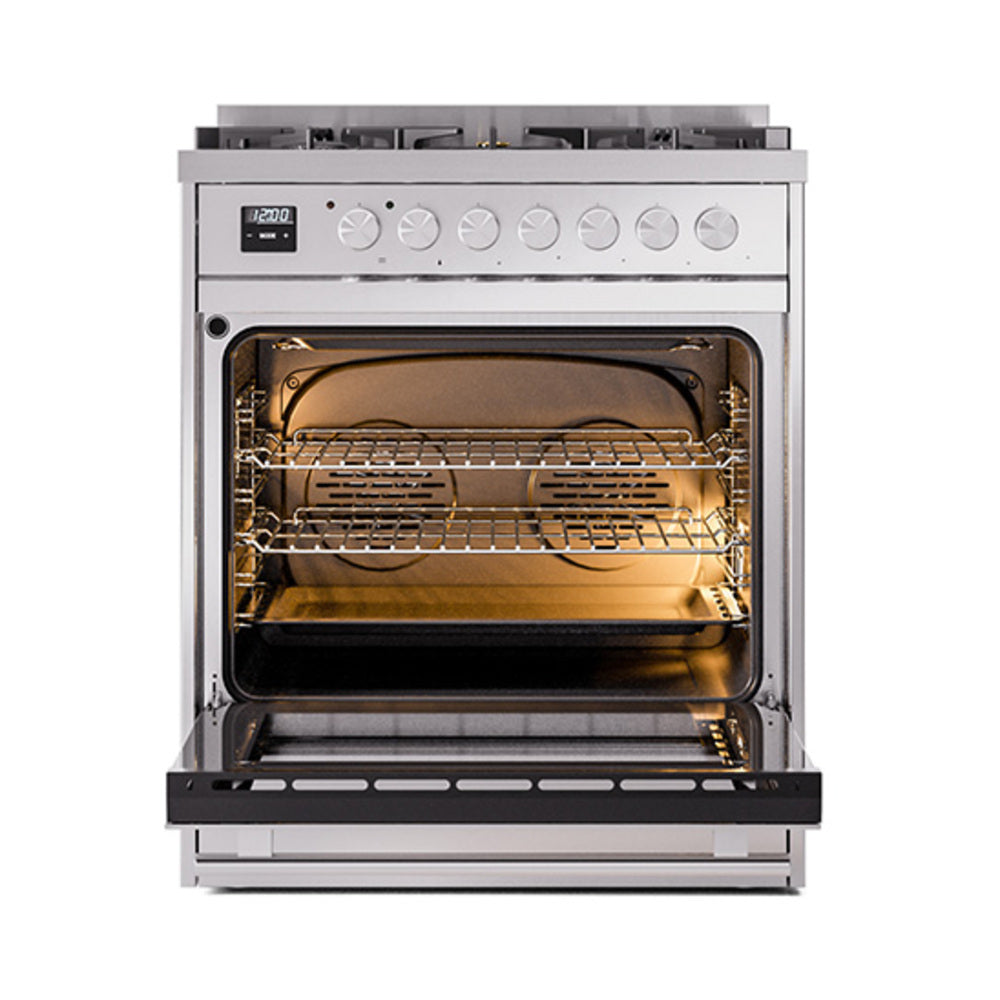 ILVE Professional Plus II 30-Inch Natural Gas Dual Fuel Range with Solid Door in Stainless Steel (UP30QMPSS)