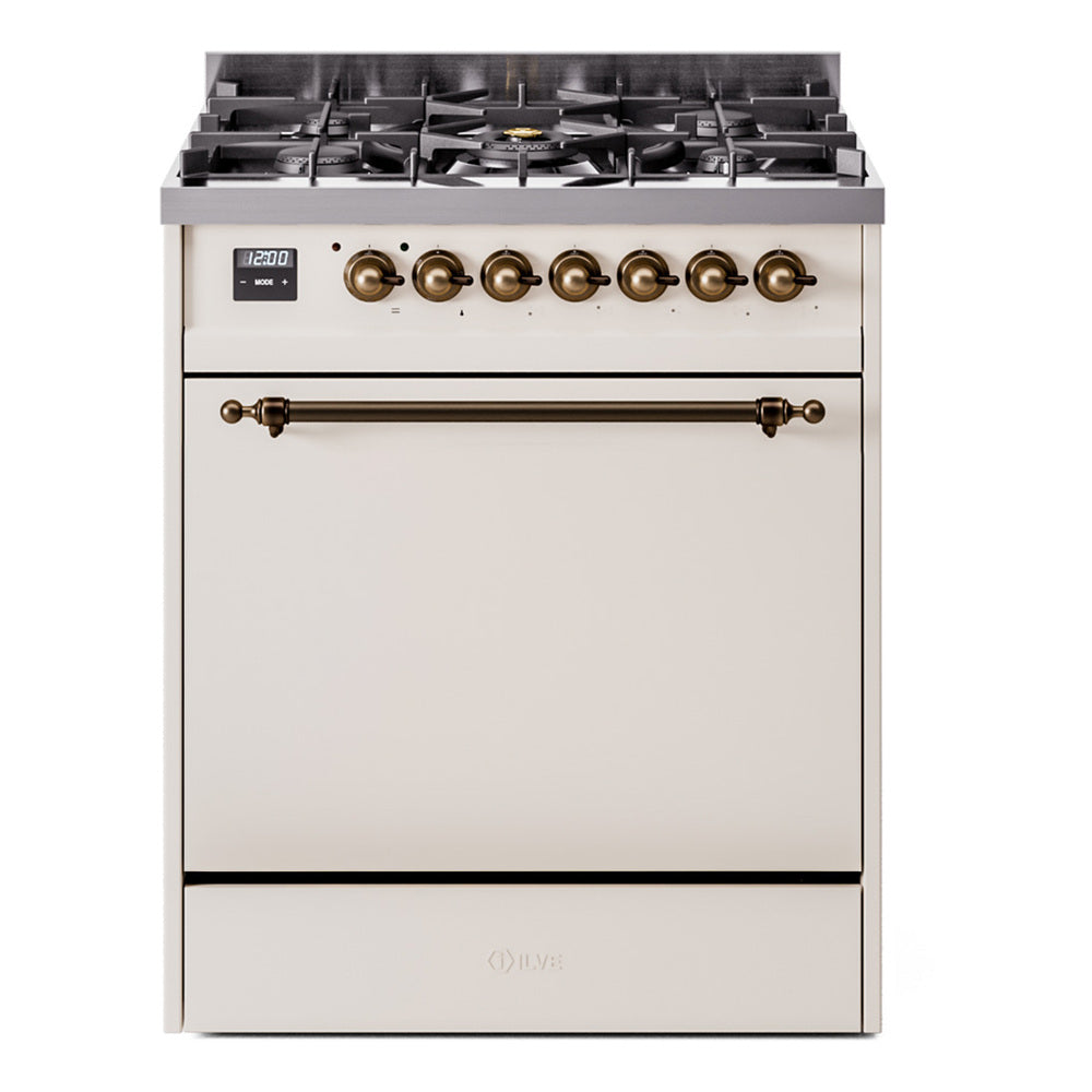 ILVE Nostalgie II 30-Inch Natural Gas Dual Fuel Range with Solid Door in Antique White and Bronze Trim (UP30QNMPAWB)