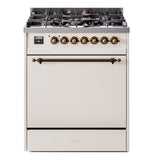 ILVE Nostalgie II 30-Inch Natural Gas Dual Fuel Range with Solid Door in Antique White and Bronze Trim (UP30QNMPAWB)