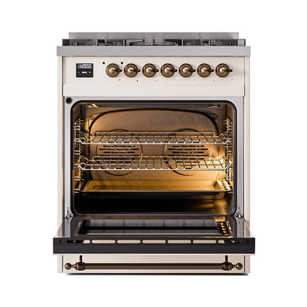 ILVE Nostalgie II 30-Inch Natural Gas Dual Fuel Range with Solid Door in Antique White and Bronze Trim (UP30QNMPAWB)