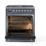 ILVE Nostalgie II 30-Inch Propane Gas Dual Fuel Range with Solid Door in Blue Grey with Bronze Trim (UP30QNMPBGBLP)