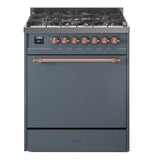 ILVE Nostalgie II 30-Inch Natural Gas Dual Fuel Range with Solid Door in Blue Grey with Copper Trim (UP30QNMPBGP)