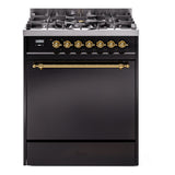 ILVE Nostalgie II 30-Inch Propane Gas Dual Fuel Range with Solid Door in Glossy Black with Brass Trim (UP30QNMPBKGLP)
