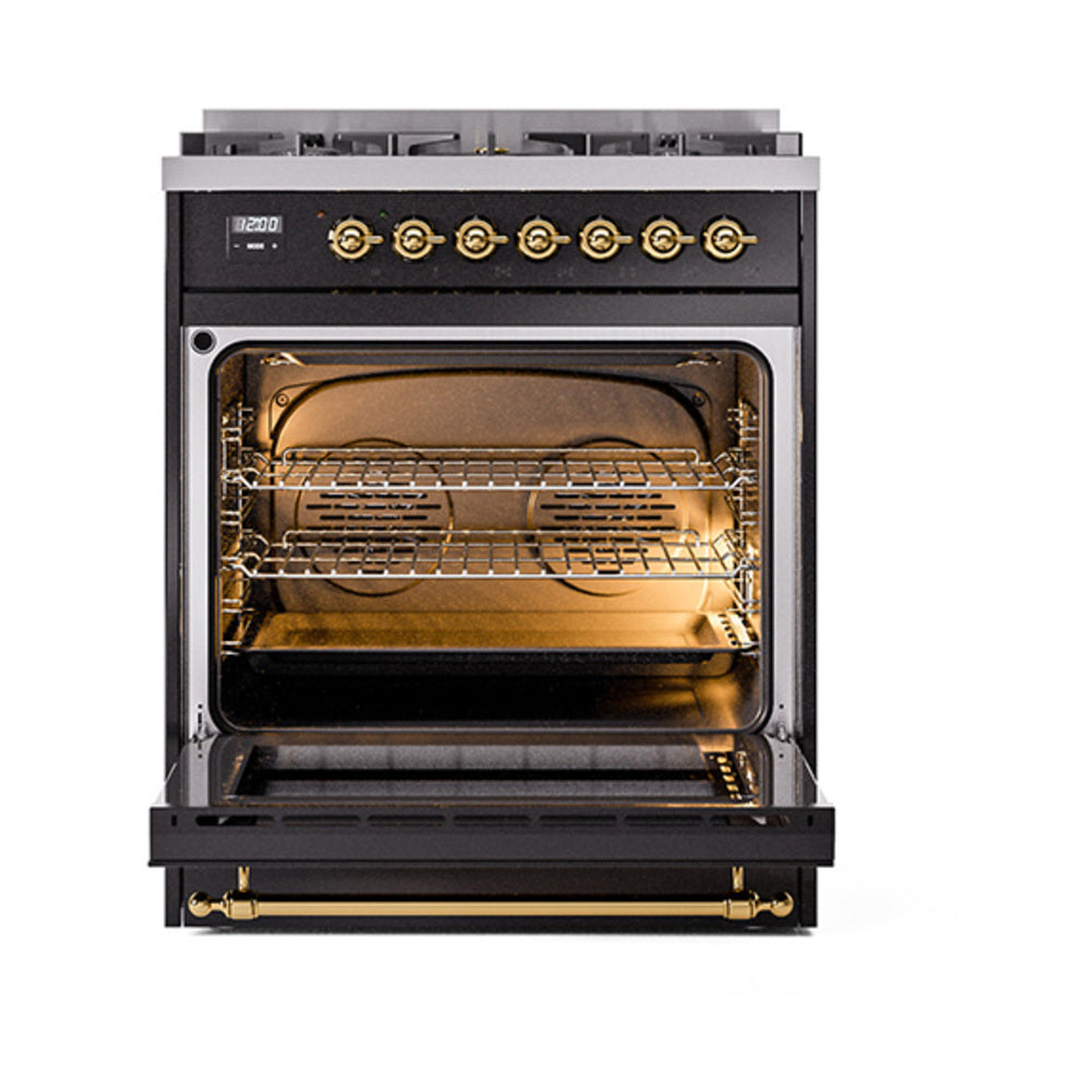 ILVE Nostalgie II 30-Inch Propane Gas Dual Fuel Range with Solid Door in Glossy Black with Brass Trim (UP30QNMPBKGLP)