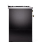 ILVE Nostalgie II 30-Inch Propane Gas Dual Fuel Range with Solid Door in Glossy Black with Brass Trim (UP30QNMPBKGLP)