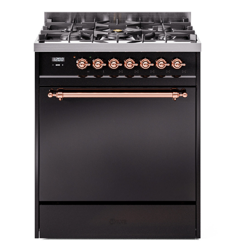 ILVE Nostalgie II 30-Inch Natural Gas Dual Fuel Range with Solid Door in Glossy Black with Copper Trim (UP30QNMPBKP)