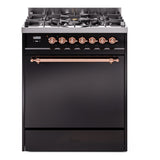ILVE Nostalgie II 30-Inch Natural Gas Dual Fuel Range with Solid Door in Glossy Black with Copper Trim (UP30QNMPBKP)