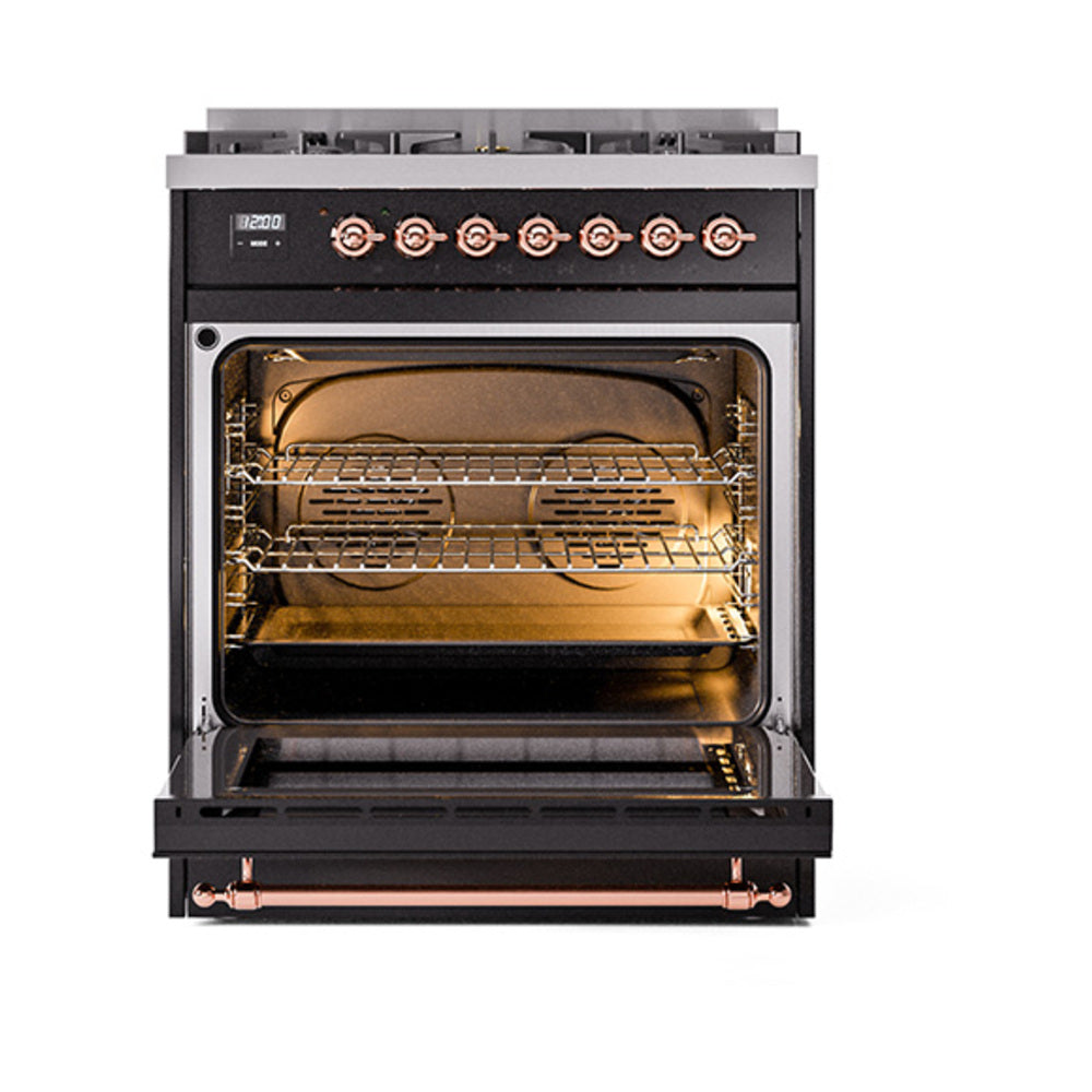 ILVE Nostalgie II 30-Inch Natural Gas Dual Fuel Range with Solid Door in Glossy Black with Copper Trim (UP30QNMPBKP)