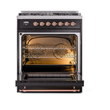 ILVE Nostalgie II 30-Inch Natural Gas Dual Fuel Range with Solid Door in Glossy Black with Copper Trim (UP30QNMPBKP)