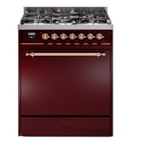 ILVE Nostalgie II 30-Inch Propane Gas Dual Fuel Range with Solid Door in Burgundy with Copper Trim (UP30QNMPBUPLP)