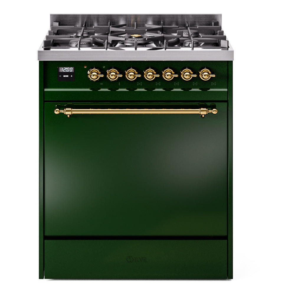 ILVE Nostalgie II 30-Inch Propane Gas Dual Fuel Range with Solid Door in Emerald Green with Brass Trim (UP30QNMPEGGLP)