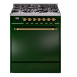 ILVE Nostalgie II 30-Inch Propane Gas Dual Fuel Range with Solid Door in Emerald Green with Brass Trim (UP30QNMPEGGLP)