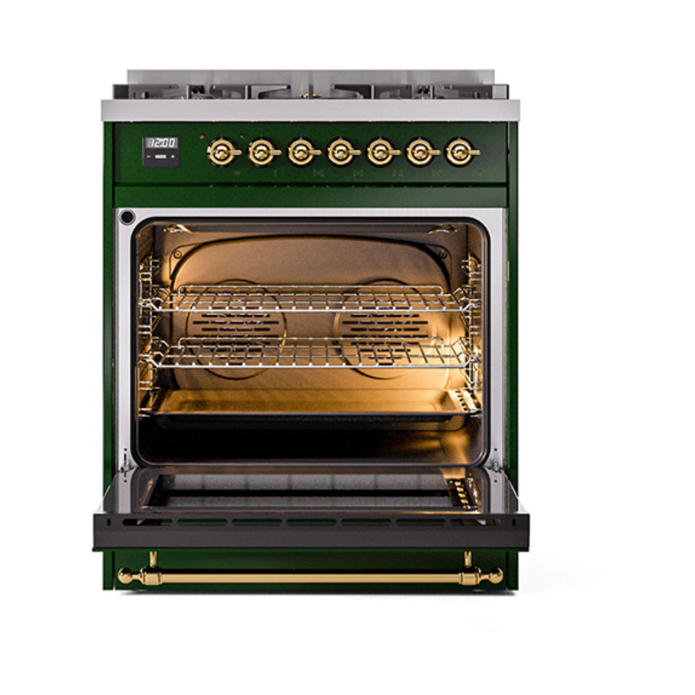 ILVE Nostalgie II 30-Inch Propane Gas Dual Fuel Range with Solid Door in Emerald Green with Brass Trim (UP30QNMPEGGLP)