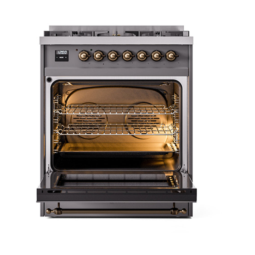 ILVE Nostalgie II 30-Inch Propane Gas Dual Fuel Range with Solid Door in Matte Graphite with Bronze Trim (UP30QNMPMGBLP)