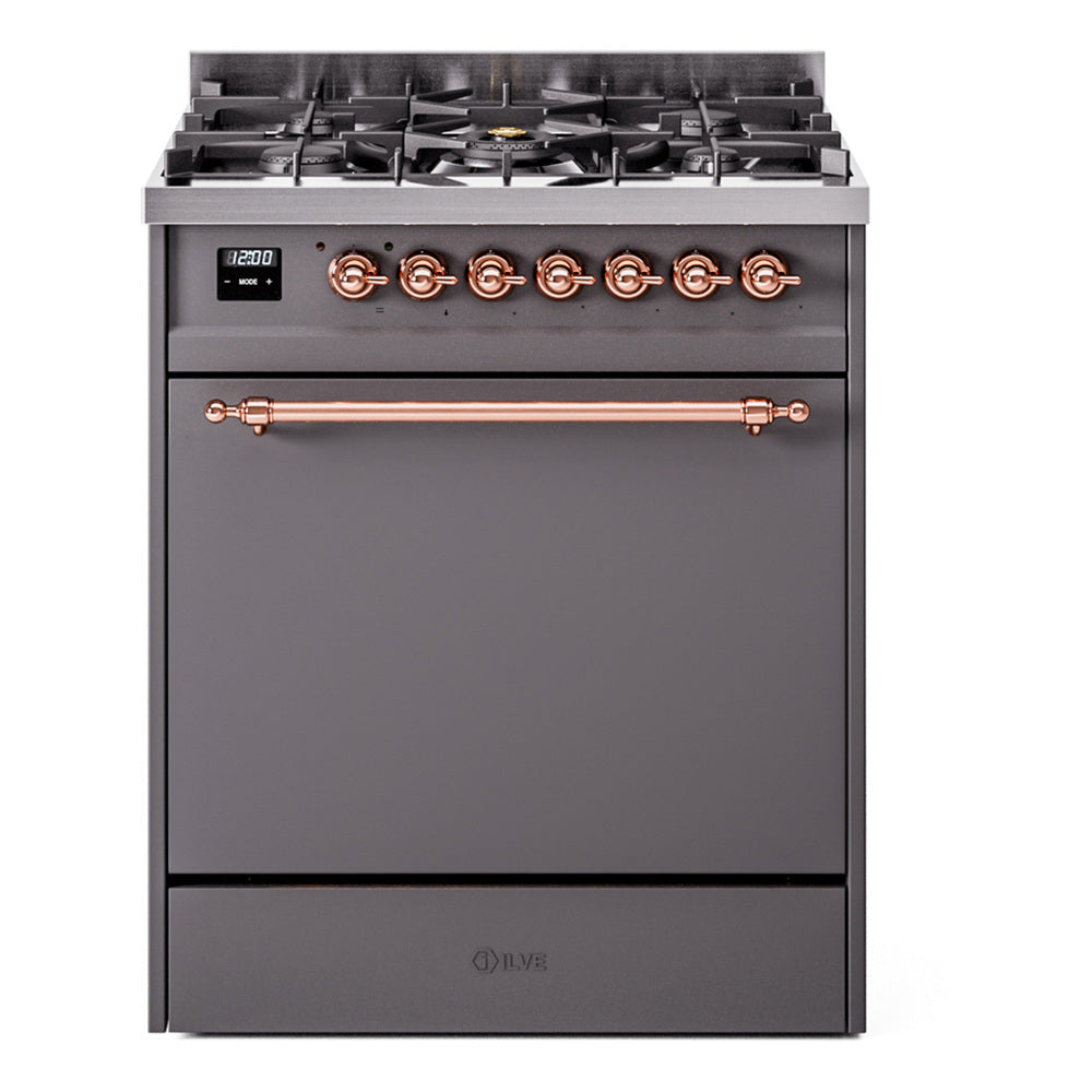 ILVE Nostalgie II 30-Inch Propane Gas Dual Fuel Range with Solid Door in Matte Graphite with Copper Trim (UP30QNMPMGPLP)