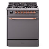 ILVE Nostalgie II 30-Inch Propane Gas Dual Fuel Range with Solid Door in Matte Graphite with Copper Trim (UP30QNMPMGPLP)