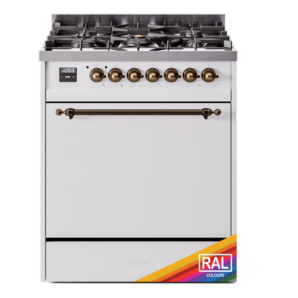 ILVE Nostalgie II 30-Inch Propane Gas Dual Fuel Range with Solid Door in Custom RAL with Bronze Trim (UP30QNMPRABLP)