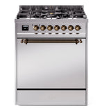 ILVE Nostalgie II 30-Inch Natural Gas Dual Fuel Range with Solid Door in Stainless Steel with Bronze Trim (UP30QNMPSSB)