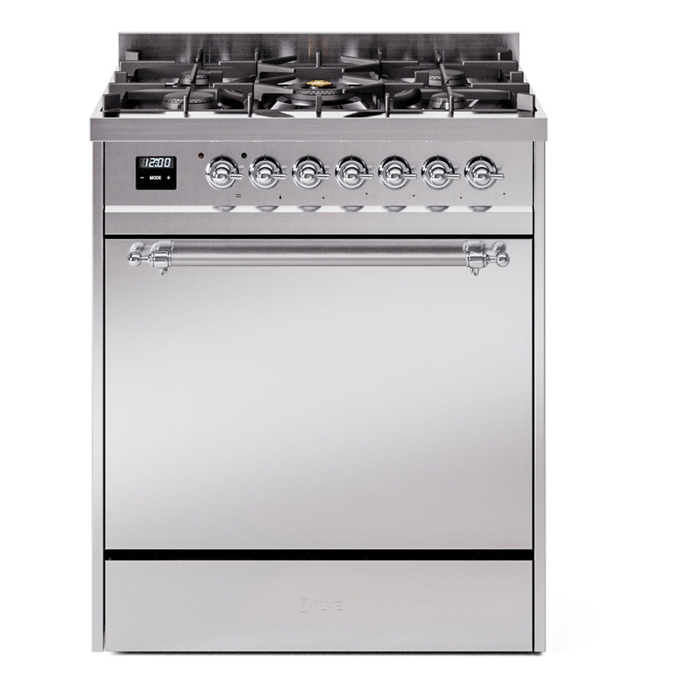 ILVE Nostalgie II 30-Inch Natural Gas Dual Fuel Range with Solid Door in Stainless Steel with Chrome Trim (UP30QNMPSSC)