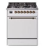 ILVE Nostalgie II 30-Inch Natural Gas Dual Fuel Range with Solid Door in White with Bronze Trim (UP30QNMPWHB)