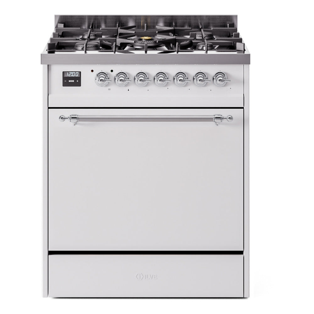 ILVE Nostalgie II 30-Inch Natural Gas Dual Fuel Range with Solid Door in White with Chrome Trim (UP30QNMPWHC)