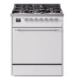 ILVE Nostalgie II 30-Inch Natural Gas Dual Fuel Range with Solid Door in White with Chrome Trim (UP30QNMPWHC)
