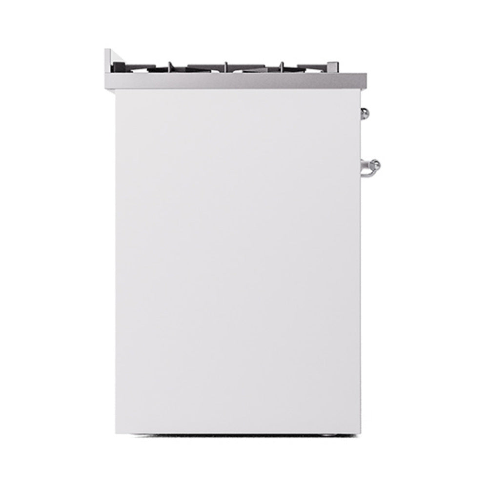 ILVE Nostalgie II 30-Inch Natural Gas Dual Fuel Range with Solid Door in White with Chrome Trim (UP30QNMPWHC)