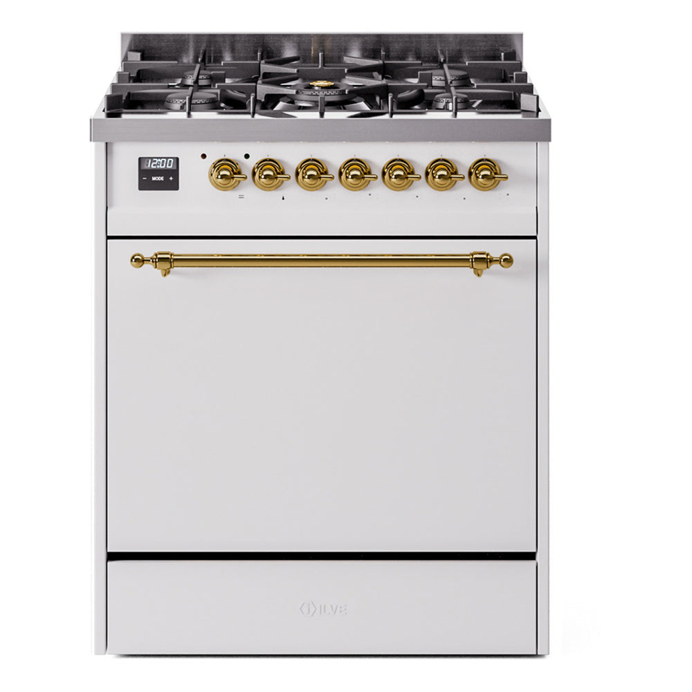 ILVE Nostalgie II 30-Inch Propane Gas Dual Fuel Range with Solid Door in White with Brass Trim (UP30QNMPWHGLP)