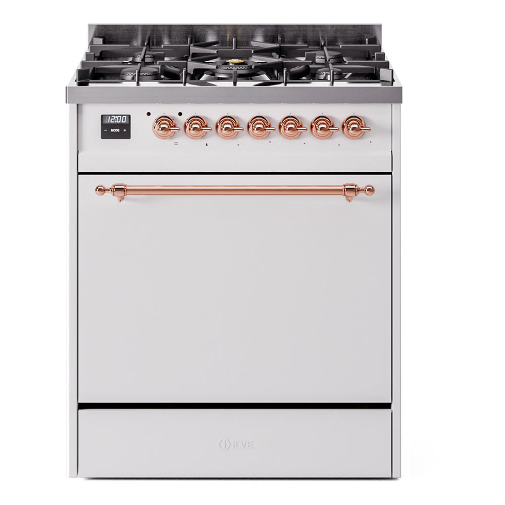 ILVE Nostalgie II 30-Inch Natural Gas Dual Fuel Range with Solid Door in White with Copper Trim (UP30QNMPWHP)