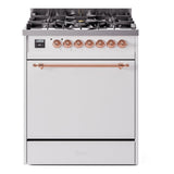 ILVE Nostalgie II 30-Inch Natural Gas Dual Fuel Range with Solid Door in White with Copper Trim (UP30QNMPWHP)