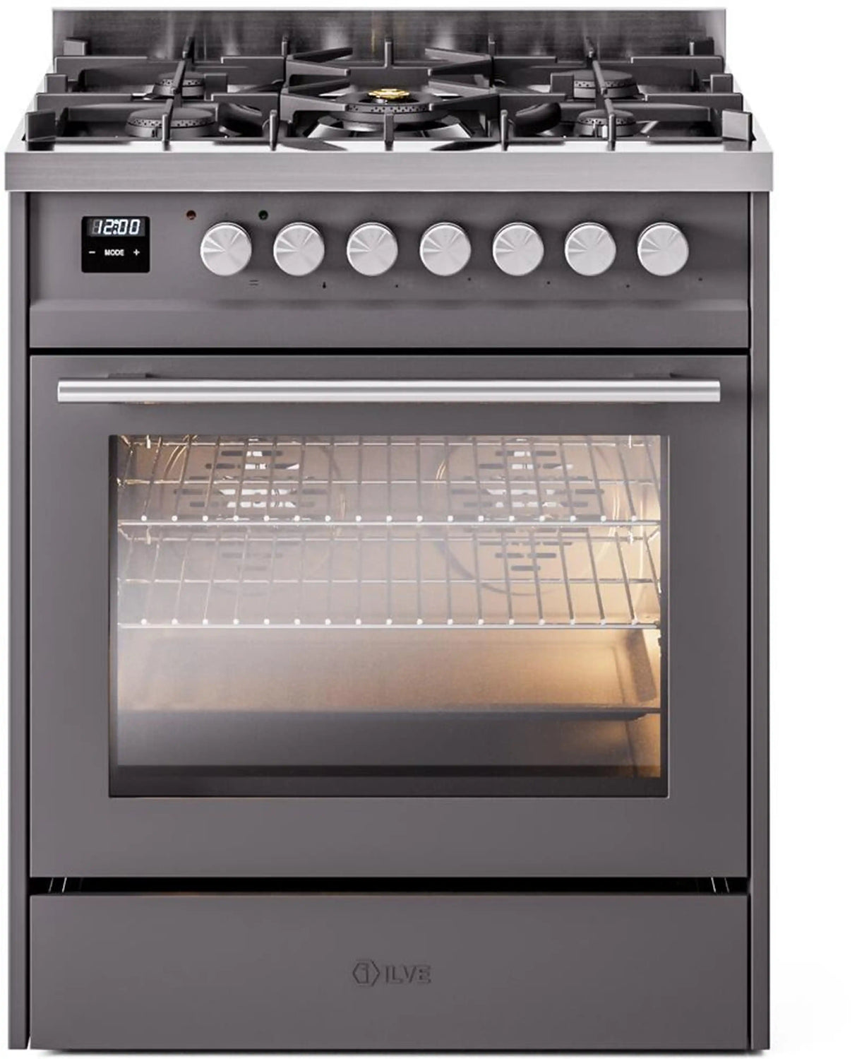 ILVE Professional Plus II 30-Inch Freestanding Natural Gas Dual Fuel Range with 5 Sealed Burners in Matte Graphite (UP30WMPMG)