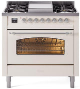 ILVE Nostalgie II 36-Inch Freestanding Natural Gas Dual Fuel Range in Antique White with Chrome Trim (UP36FNMPAWC)