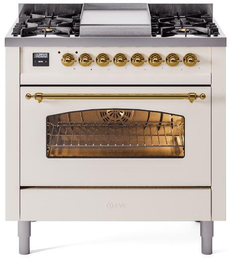 ILVE Nostalgie II 36-Inch Dual Fuel Freestanding Range in Antique White with Brass Trim (UP36FNMPAWGLP)