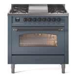 ILVE Nostalgie II 36-Inch Dual Fuel Freestanding Range in Blue Grey with Bronze Trim (UP36FNMPBGBLP)