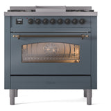 ILVE Nostalgie II 36-Inch Dual Fuel Freestanding Range in Blue Grey with Bronze Trim (UP36FNMPBGBLP)