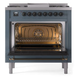 ILVE Nostalgie II 36-Inch Dual Fuel Freestanding Range in Blue Grey with Bronze Trim (UP36FNMPBGBLP)