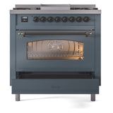 ILVE Nostalgie II 36-Inch Dual Fuel Freestanding Range in Blue Grey with Bronze Trim (UP36FNMPBGBLP)