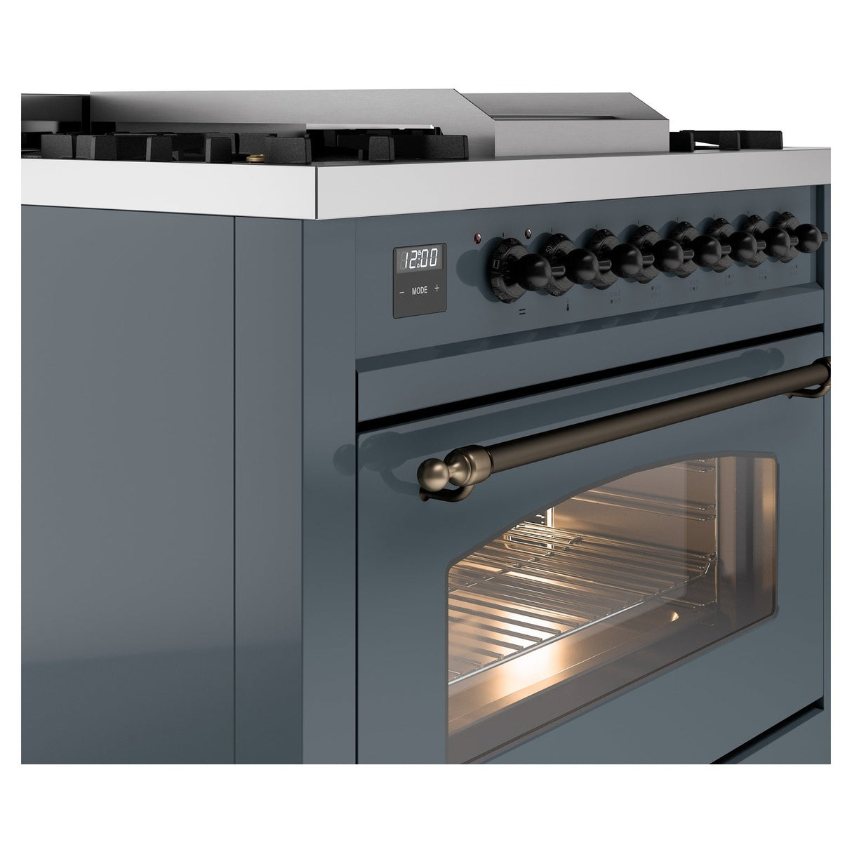 ILVE Nostalgie II 36-Inch Dual Fuel Freestanding Range in Blue Grey with Bronze Trim (UP36FNMPBGBLP)