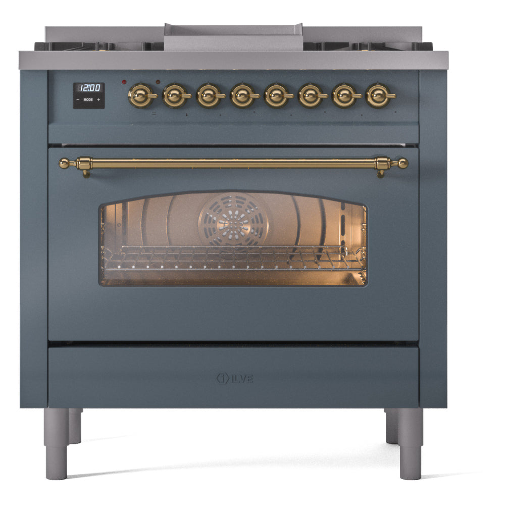 ILVE Nostalgie II 36-Inch Dual Fuel Freestanding Range in Blue Grey with Brass Trim (UP36FNMPBGGLP)