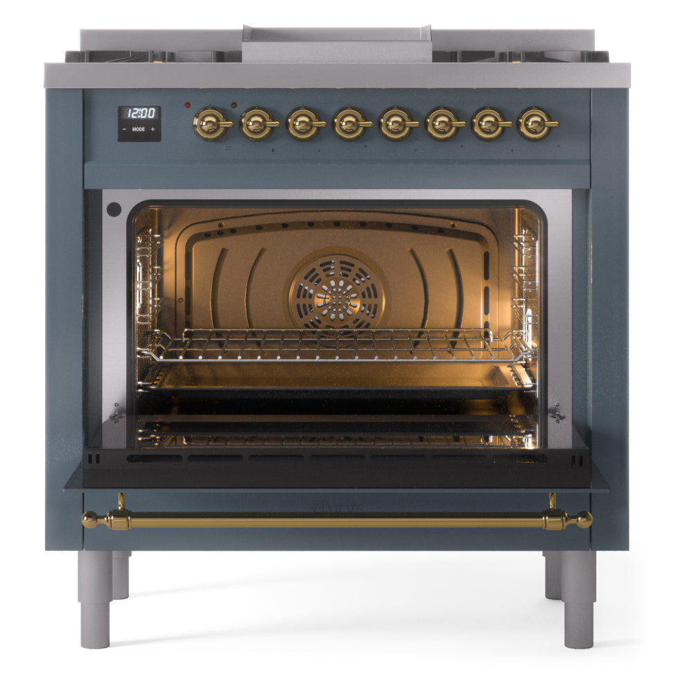 ILVE Nostalgie II 36-Inch Dual Fuel Freestanding Range in Blue Grey with Brass Trim (UP36FNMPBGGLP)